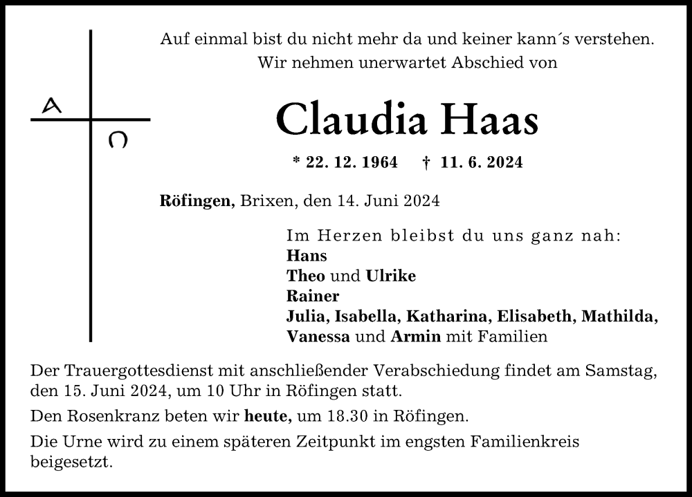 Traueranzeige von Claudia Haas von Günzburger Zeitung