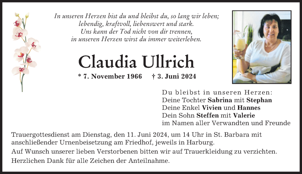 Traueranzeige von Claudia Ullrich von Donauwörther Zeitung