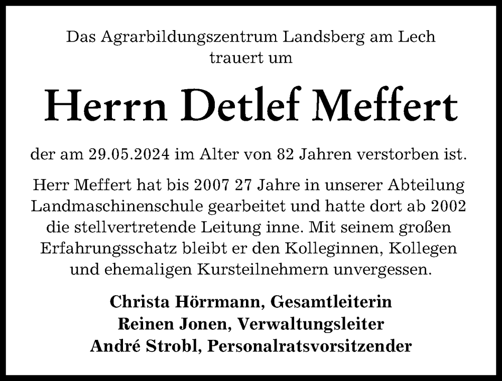 Traueranzeige von Detlef Meffert von Landsberger Tagblatt