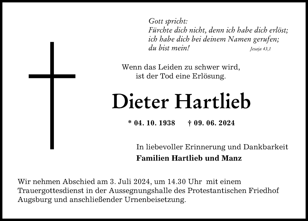Traueranzeige von Dieter Hartlieb von Augsburger Allgemeine
