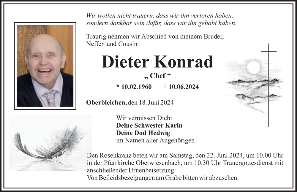 Traueranzeige von Dieter Konrad von Mittelschwäbische Nachrichten