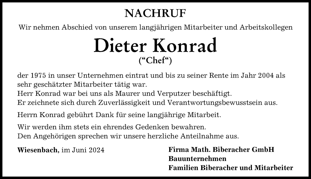 Traueranzeige von Dieter Konrad von Mittelschwäbische Nachrichten