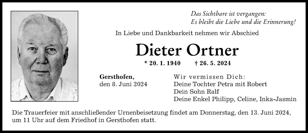 Traueranzeige von Dieter Ortner von Augsburger Allgemeine