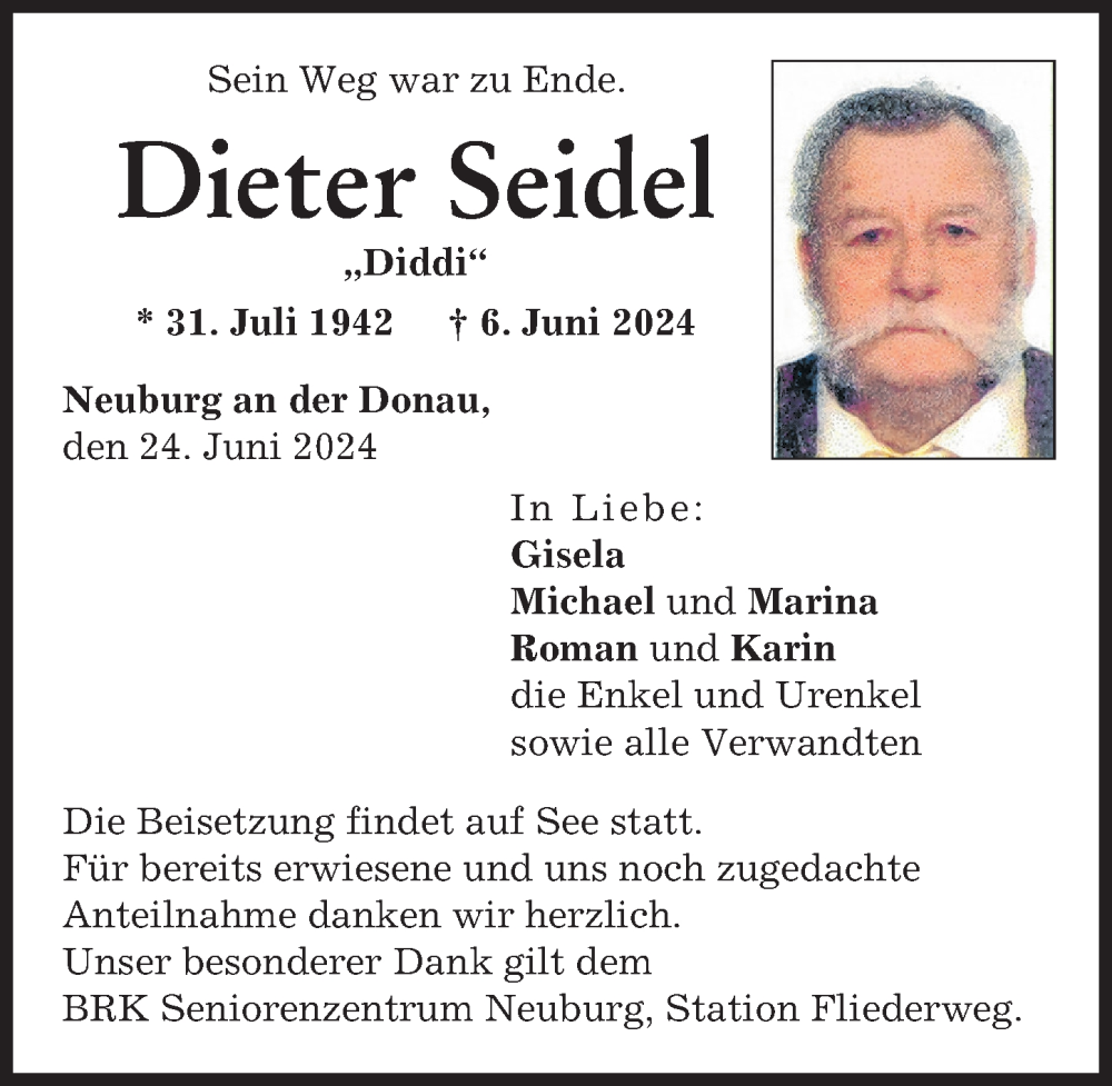Traueranzeige von Dieter Seidel von Neuburger Rundschau