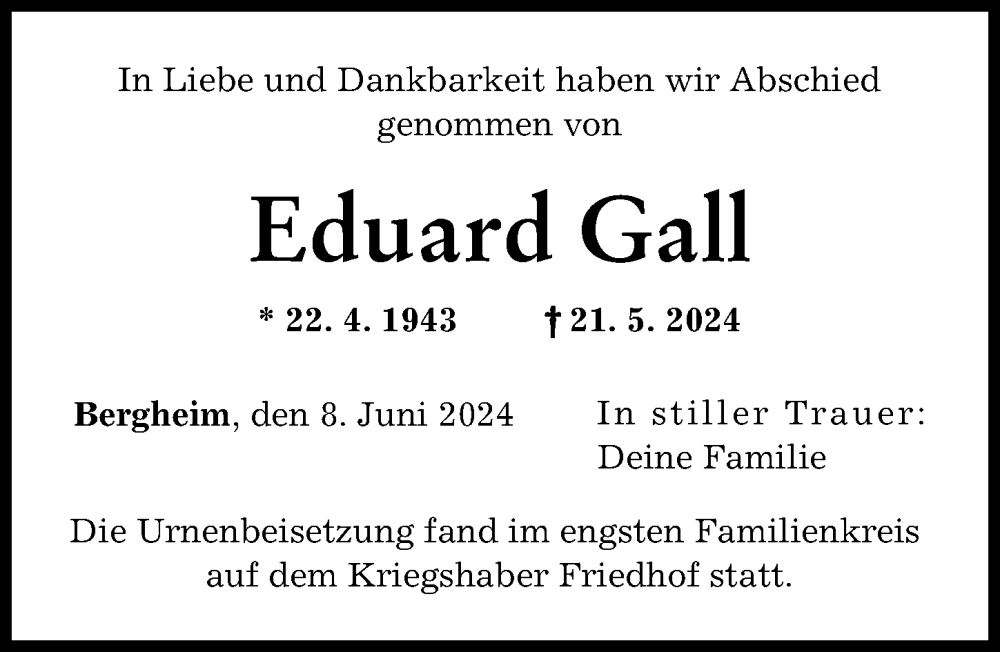 Traueranzeige von Eduard Gall von Augsburger Allgemeine