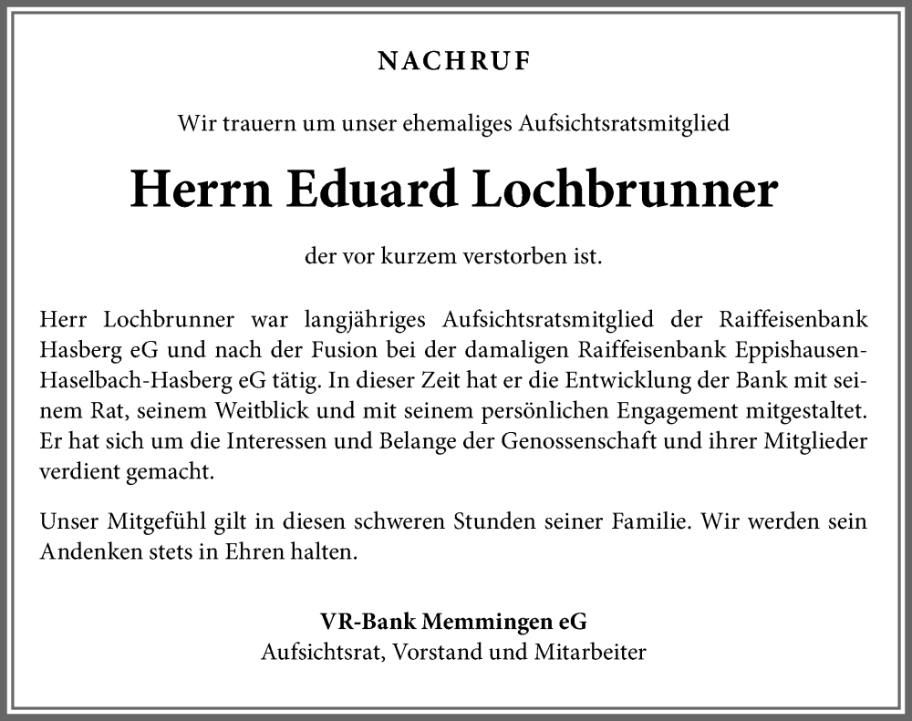 Traueranzeige von Eduard Lochbrunner von Mindelheimer Zeitung