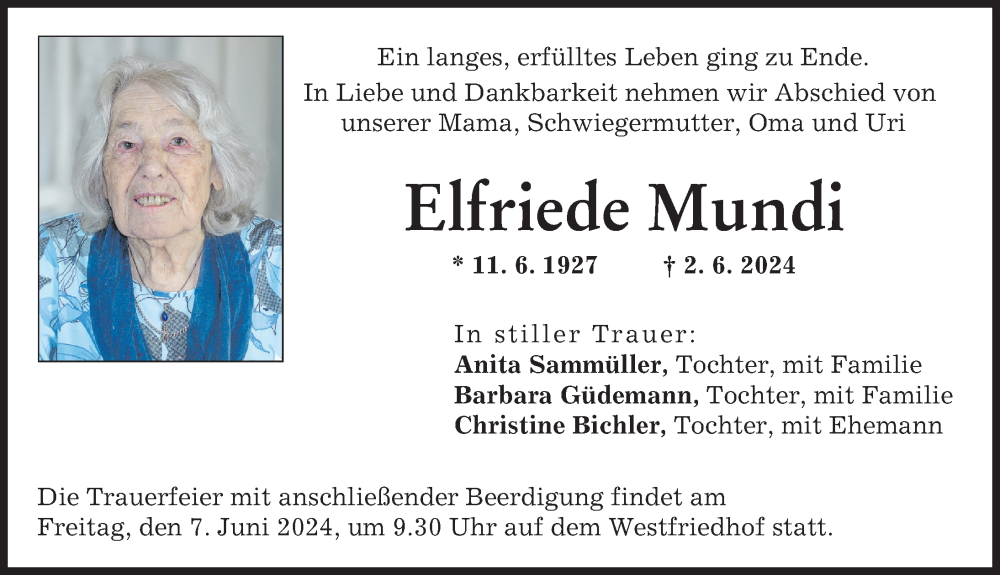 Traueranzeige von Elfriede Mundi von Augsburger Allgemeine