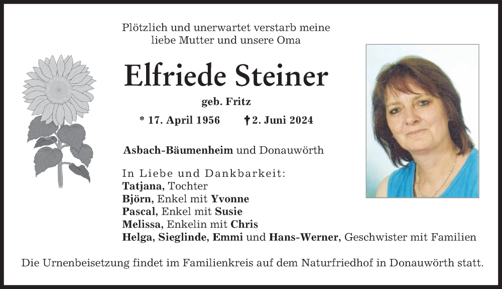 Traueranzeige von Elfriede Steiner von Donauwörther Zeitung