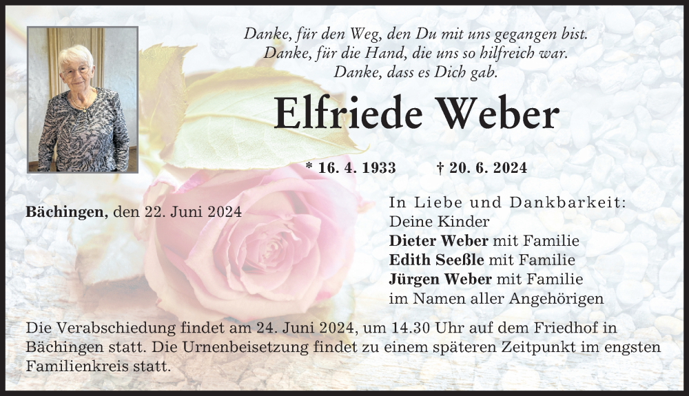  Traueranzeige für Elfriede Weber vom 22.06.2024 aus Donau Zeitung