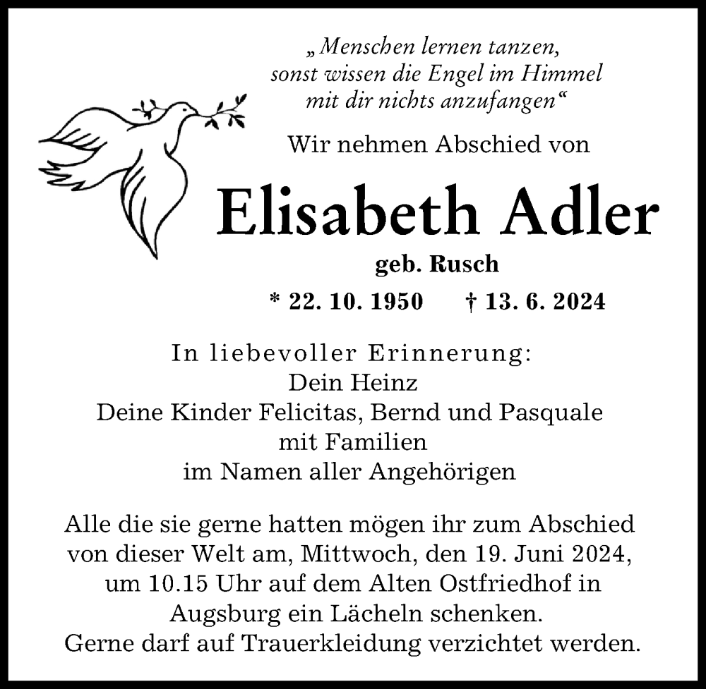Traueranzeige von Elisabeth Adler von Augsburger Allgemeine