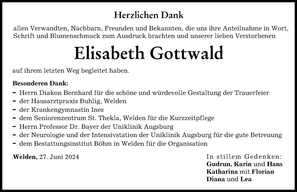 Traueranzeige von Elisabeth Gottwald von Augsburg-Land