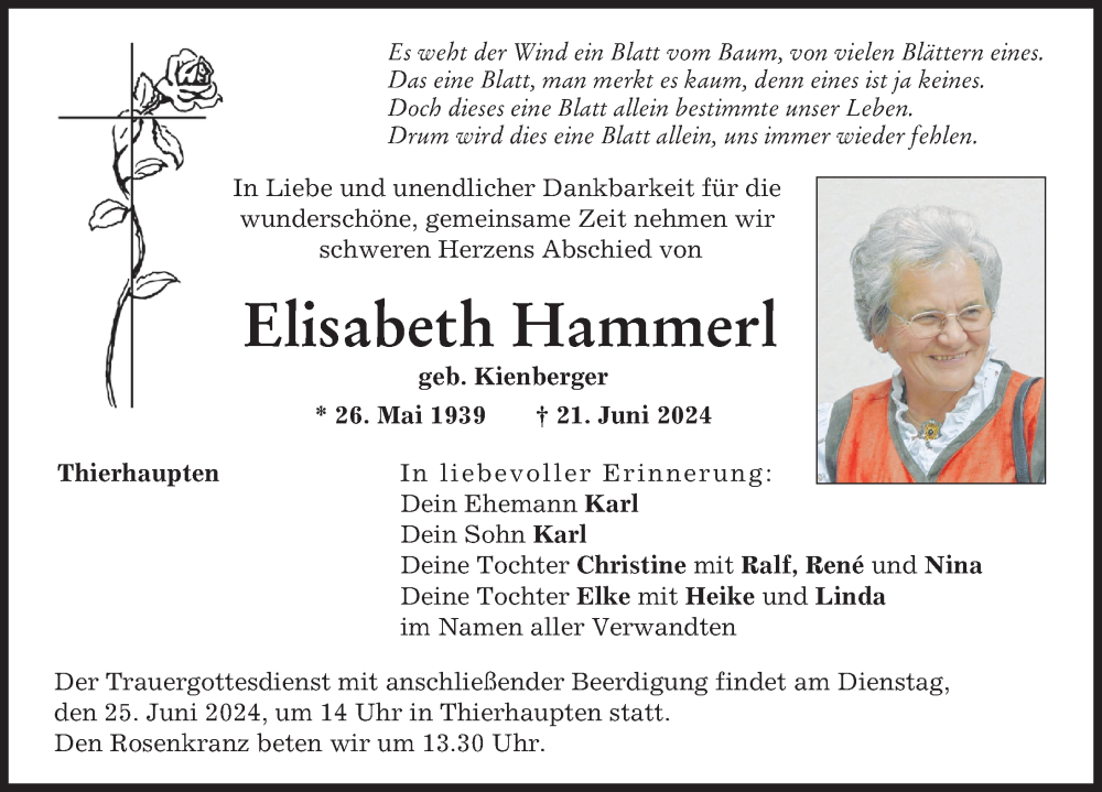 Traueranzeige von Elisabeth Hammerl von Augsburg-Land