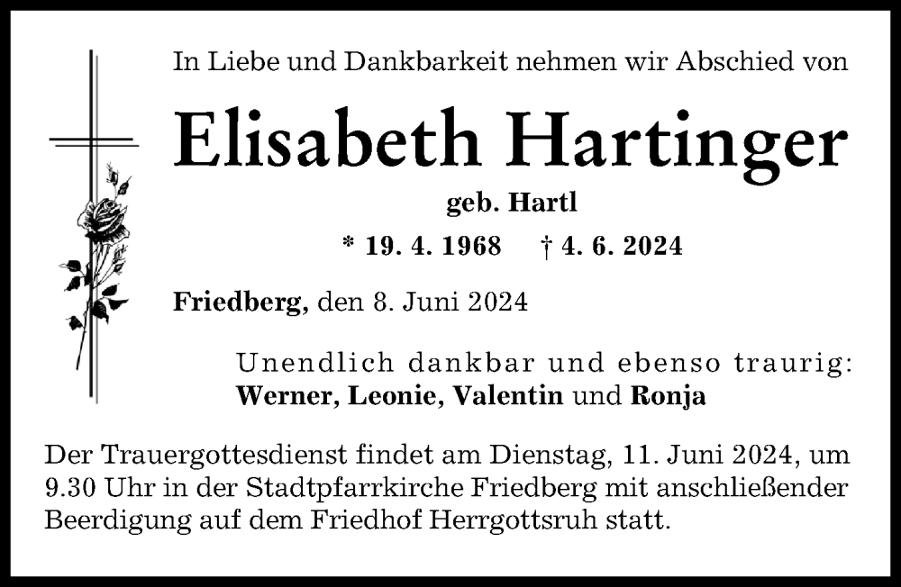 Traueranzeige von Elisabeth Hartinger von Friedberger Allgemeine, Augsburger Allgemeine
