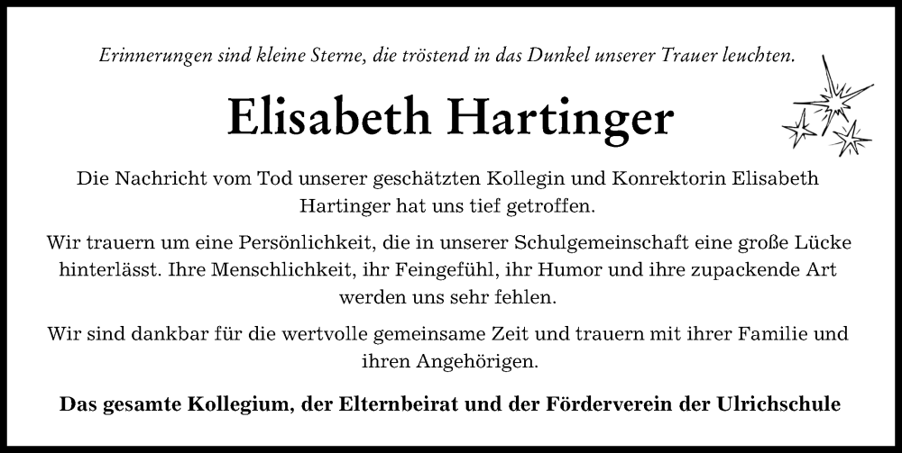 Traueranzeige von Elisabeth Hartinger von Augsburger Allgemeine