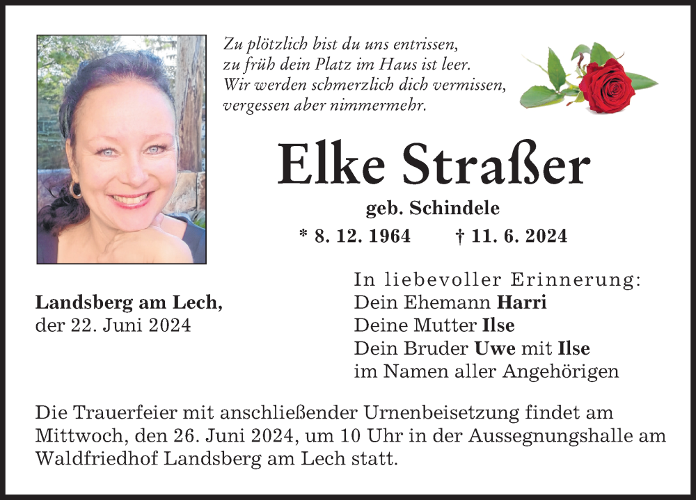  Traueranzeige für Elke Straßer vom 22.06.2024 aus Landsberger Tagblatt