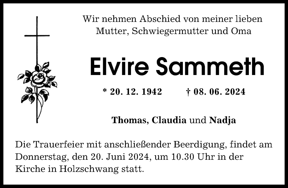 Traueranzeige von Elvire Sammeth von Neu-Ulmer Zeitung