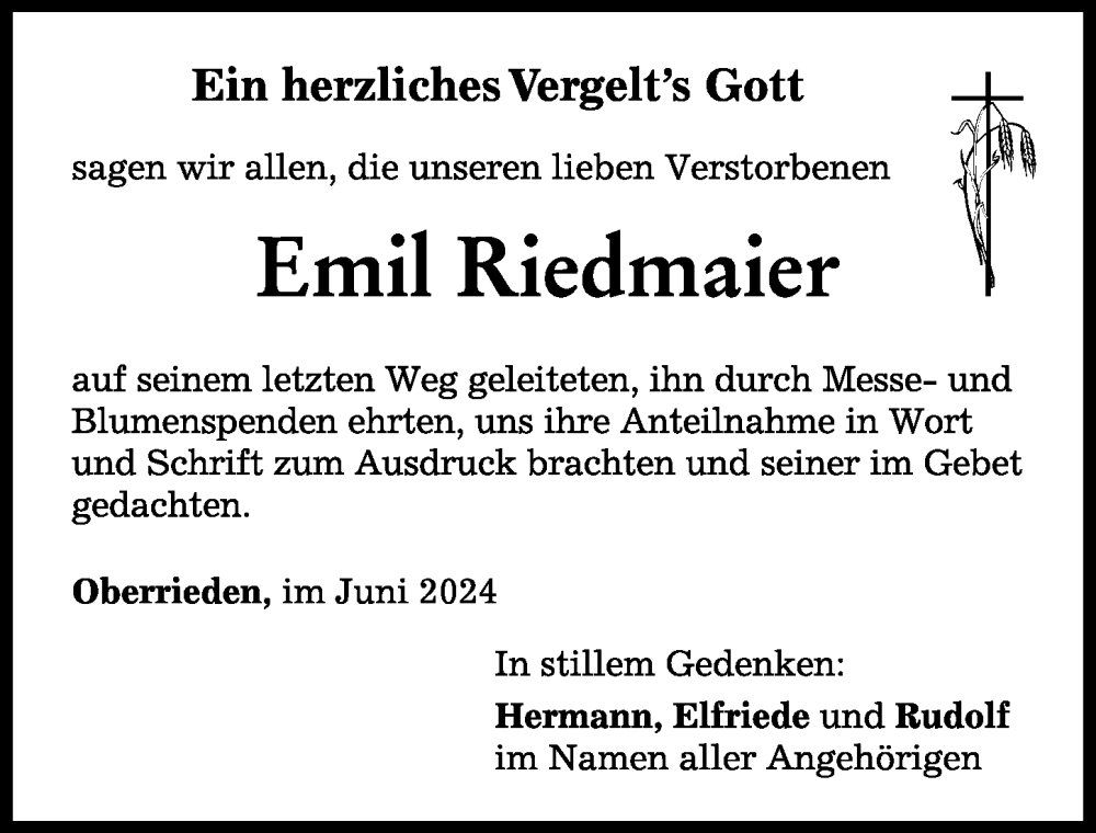 Traueranzeige von Emil Riedmaier von Mindelheimer Zeitung