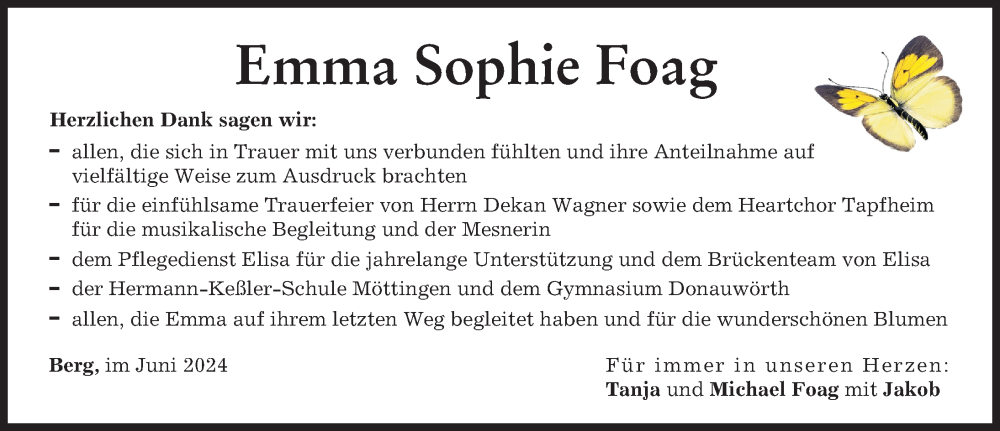 Traueranzeige von Emma Sophie Foag von Donauwörther Zeitung