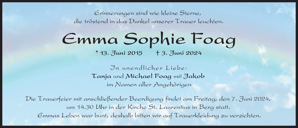  Traueranzeige für Emma Sophie Foag vom 06.06.2024 aus Donauwörther Zeitung