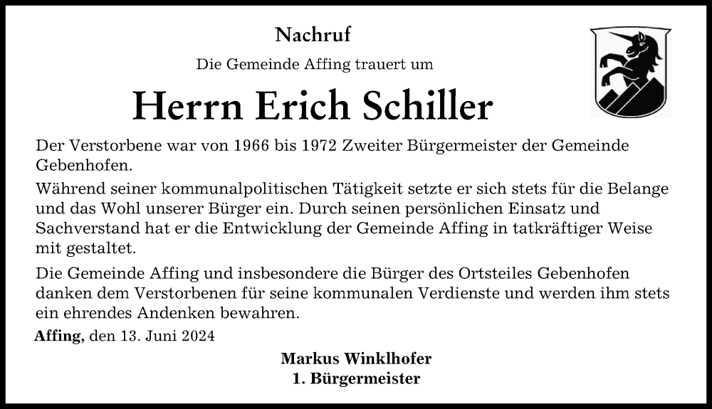 Traueranzeige von Erich Schiller von Friedberger Allgemeine, Aichacher Nachrichten