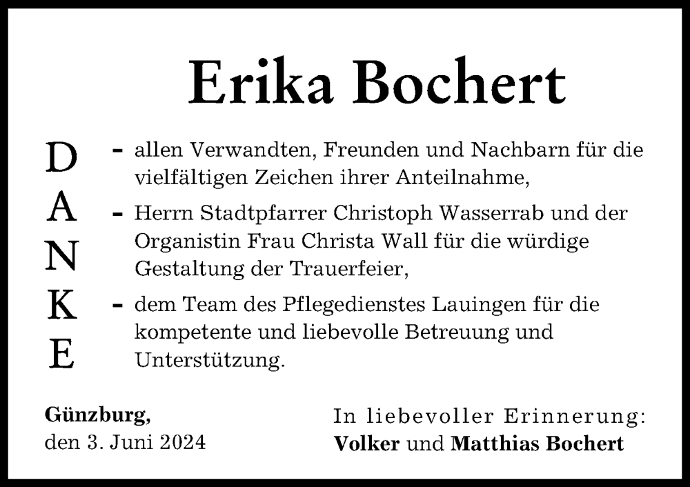 Traueranzeige von Erika Bochert von Günzburger Zeitung