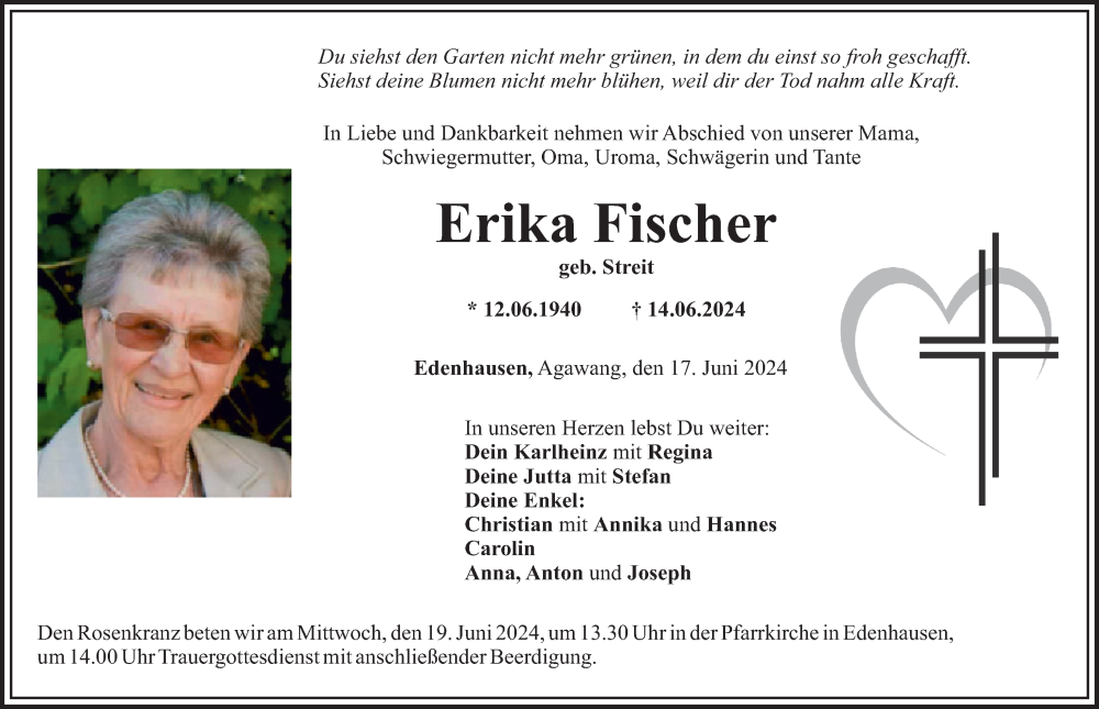 Traueranzeige von Erika Fischer von Mittelschwäbische Nachrichten