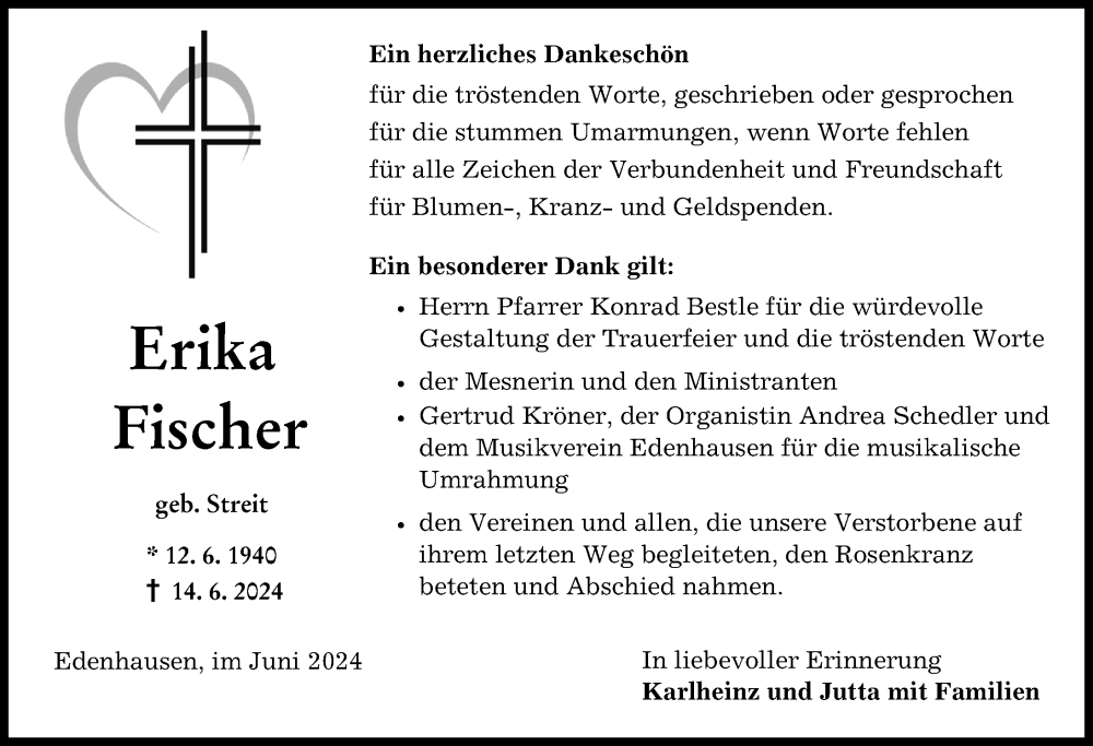 Traueranzeige von Erika Fischer von Mittelschwäbische Nachrichten