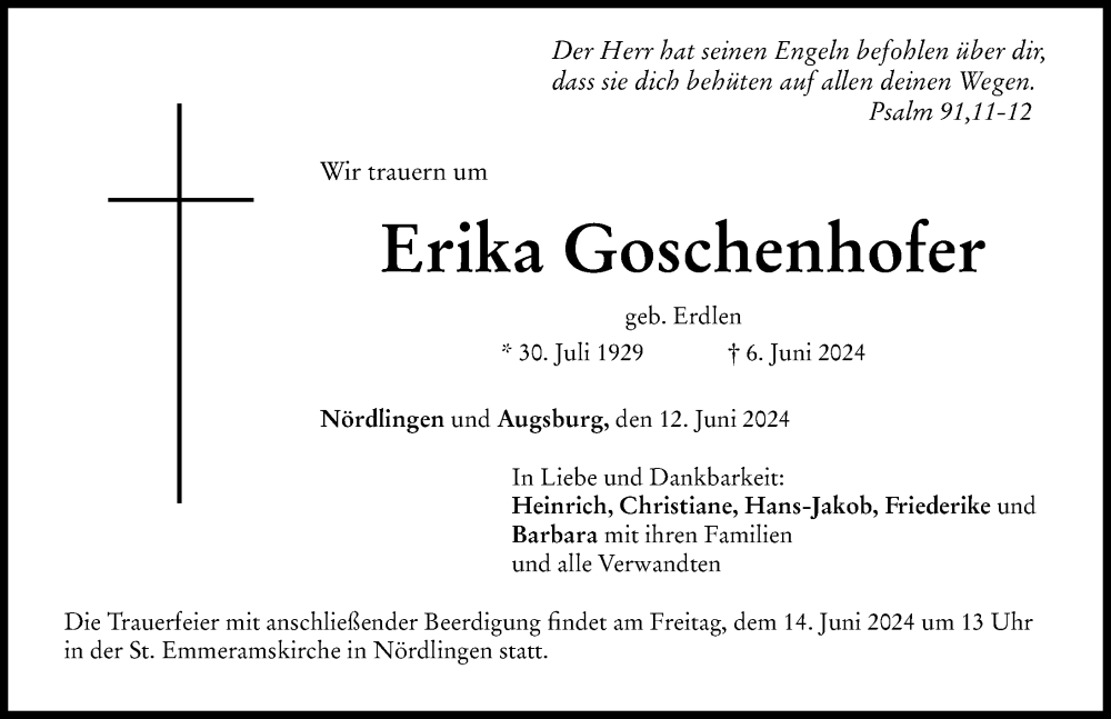 Traueranzeige von Erika Goschenhofer von Augsburger Allgemeine, Rieser Nachrichten
