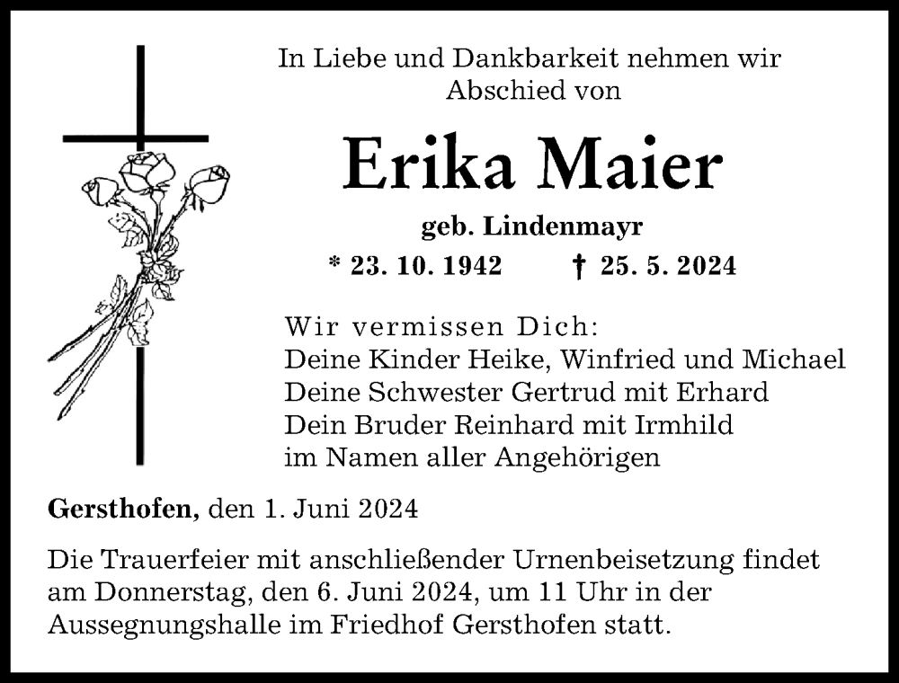 Traueranzeige von Erika Maier von Augsburger Allgemeine