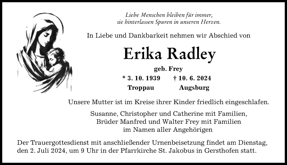 Traueranzeige von Erika Radley von Augsburg-Land, Augsburger Allgemeine