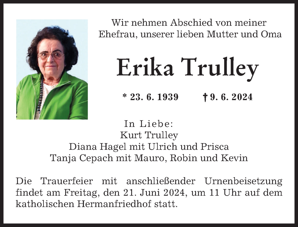 Traueranzeige von Erika Trulley von Augsburger Allgemeine