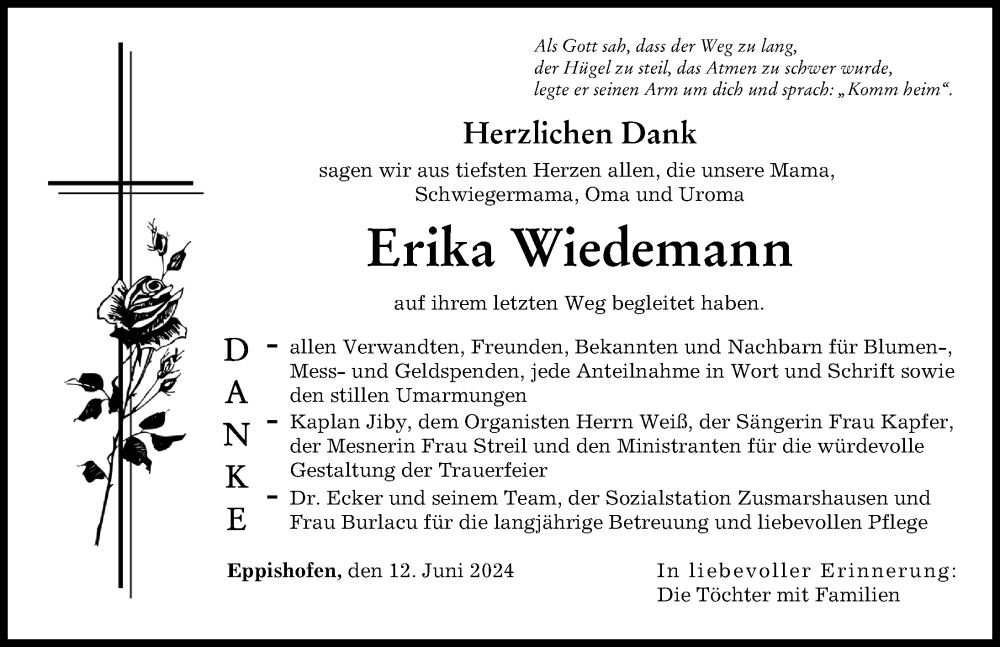 Traueranzeige von Erika Wiedemann von Wertinger Zeitung, Augsburg-Land