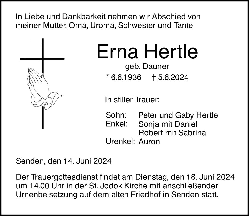 Traueranzeige von Erna Hertle von Augsburger Allgemeine, Neu-Ulmer Zeitung