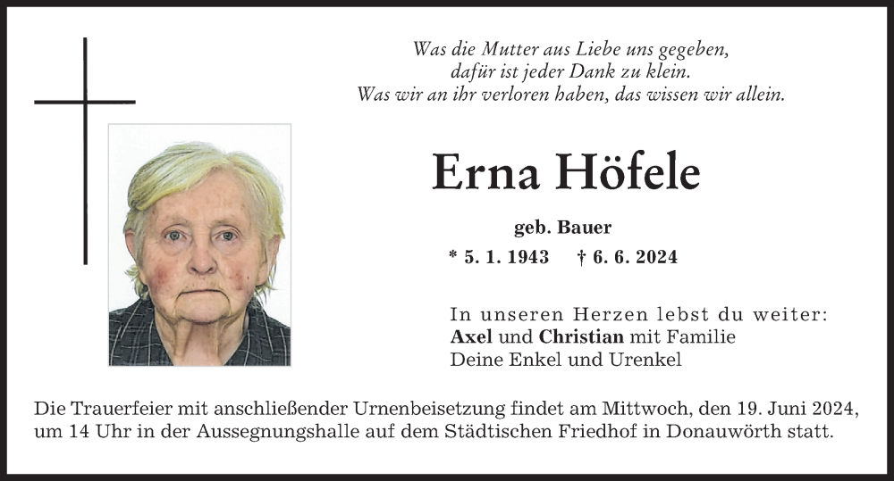Traueranzeige von Erna Höfele von Donauwörther Zeitung