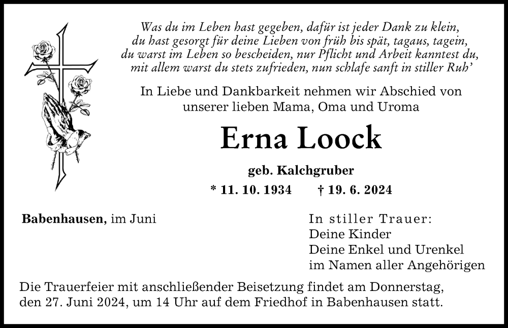  Traueranzeige für Erna Loock vom 25.06.2024 aus Illertisser Zeitung