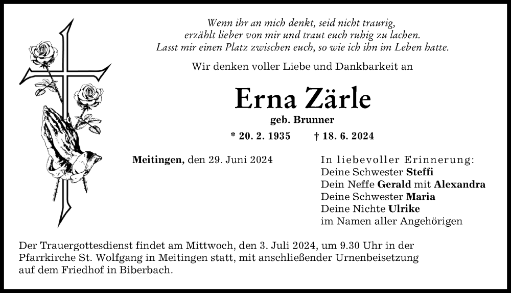 Traueranzeige von Erna Zärle von Augsburg-Land