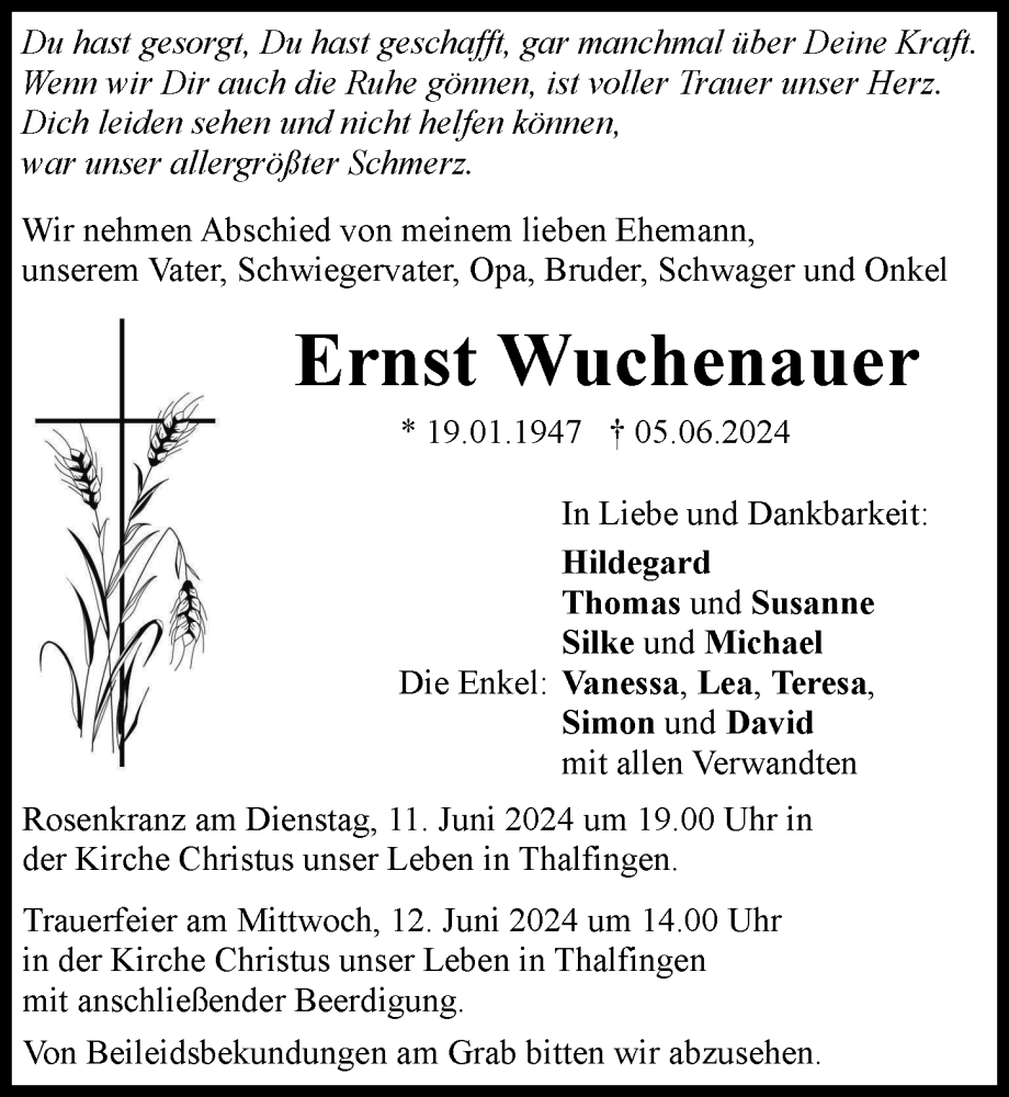 Traueranzeige von Ernst Wuchenauer von Neu-Ulmer Zeitung
