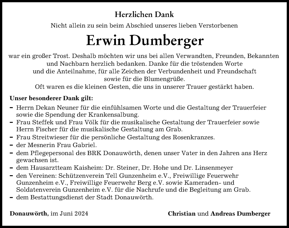 Traueranzeige von Erwin Dumberger von Donauwörther Zeitung