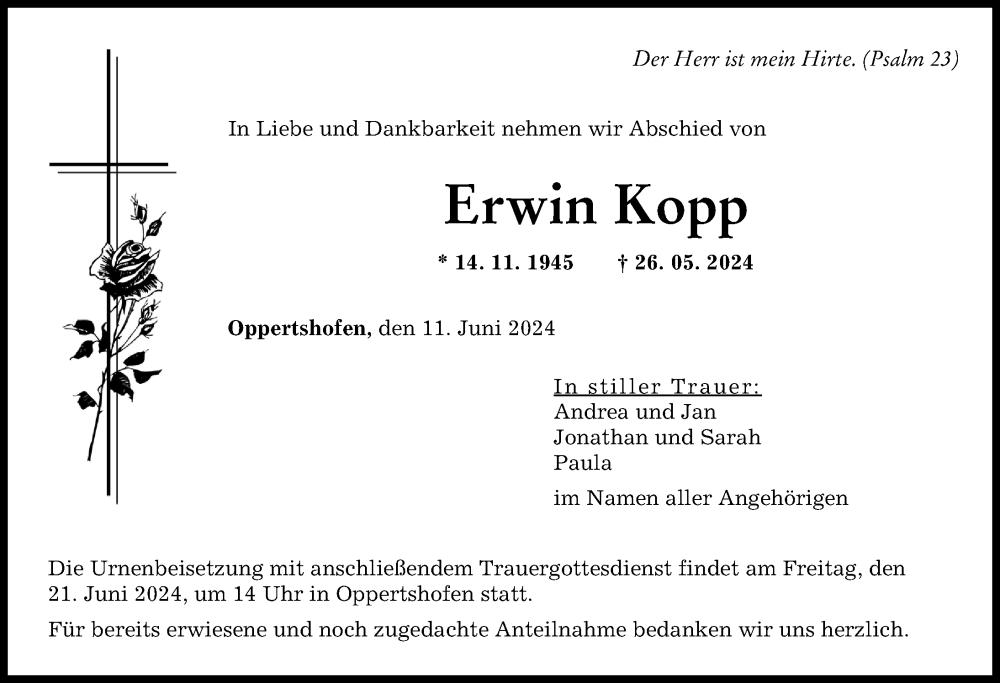 Traueranzeige von Erwin Kopp von Donauwörther Zeitung
