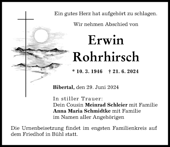 Traueranzeige von Erwin Rohrhirsch von Günzburger Zeitung