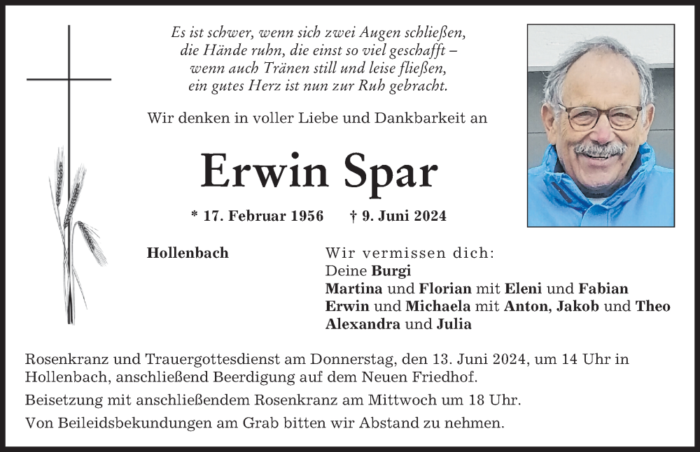  Traueranzeige für Erwin Spar vom 11.06.2024 aus Aichacher Nachrichten