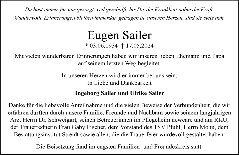 Traueranzeige von Eugen Sailer von Augsburger Allgemeine, Neu-Ulmer Zeitung