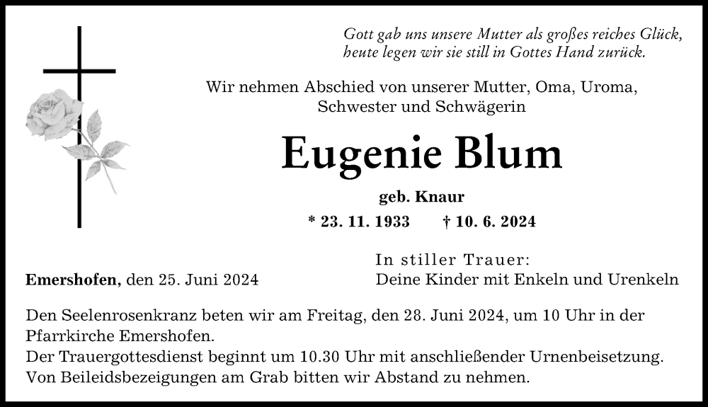 Traueranzeige von Eugenie Blum von Illertisser Zeitung, Neu-Ulmer Zeitung