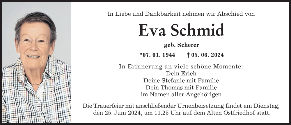 Traueranzeige von Eva Schmid von Augsburger Allgemeine