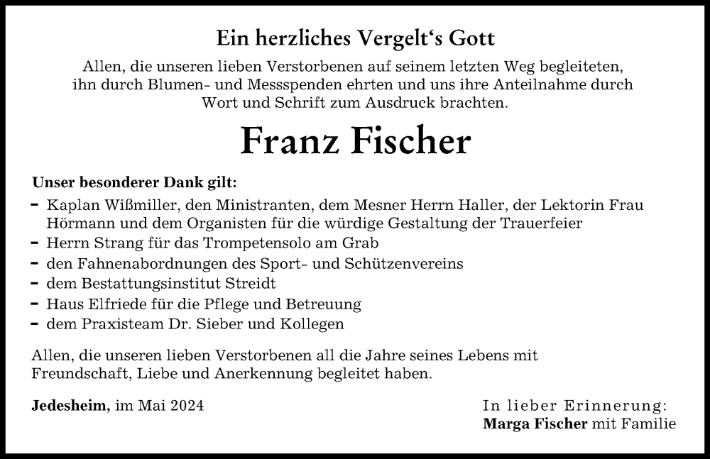 Traueranzeige von Franz Fischer von Illertisser Zeitung