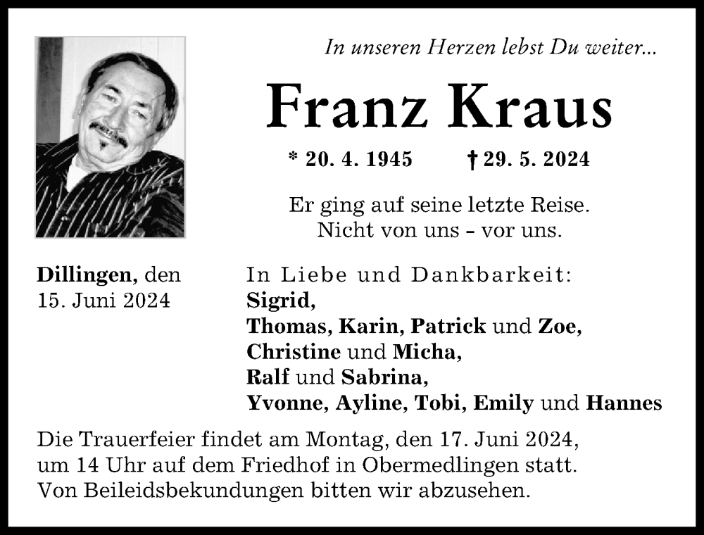 Traueranzeige von Franz Kraus von Donau Zeitung