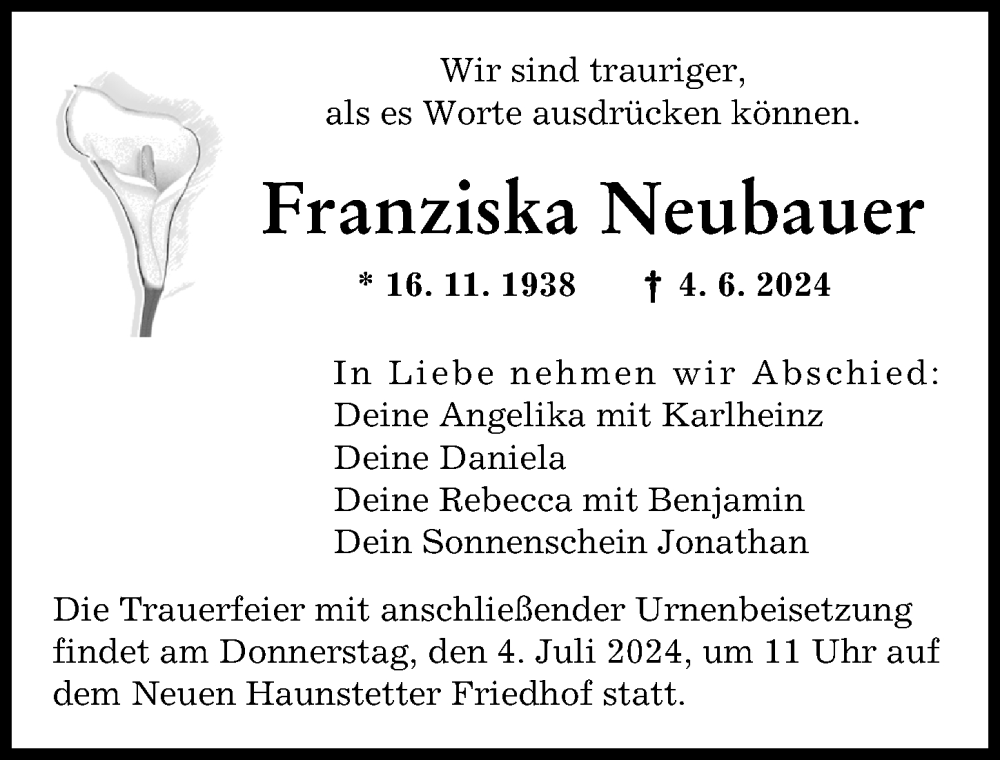 Traueranzeige von Franziska Neubauer von Augsburger Allgemeine