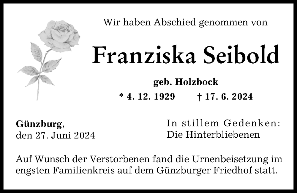 Traueranzeige von Franziska Seibold von Günzburger Zeitung