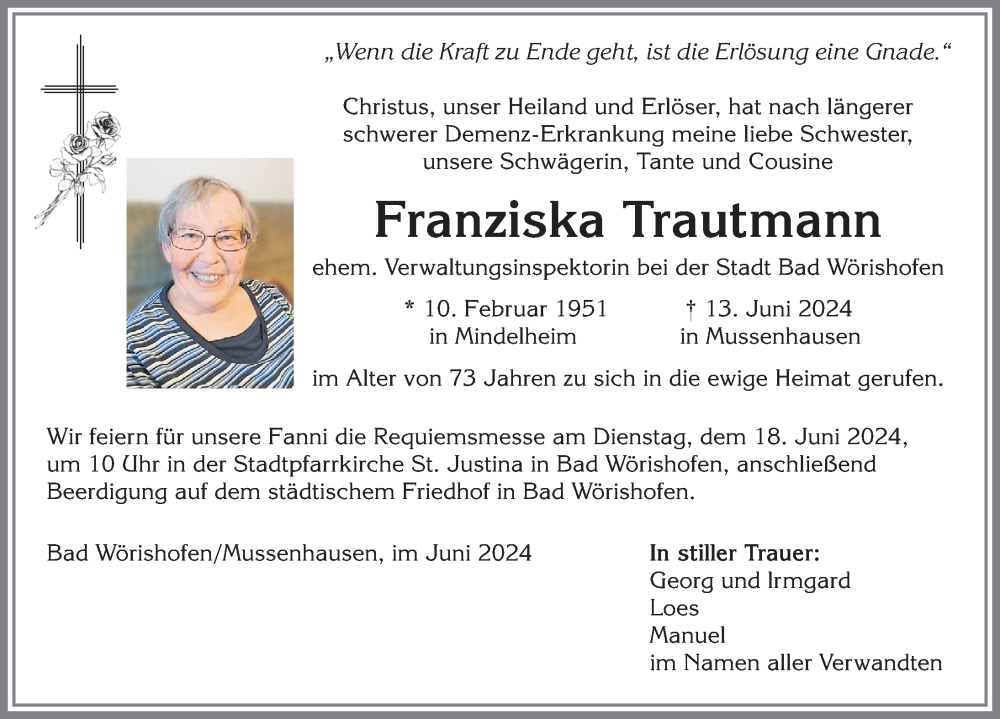 Traueranzeige von Franziska Trautmann von Mindelheimer Zeitung