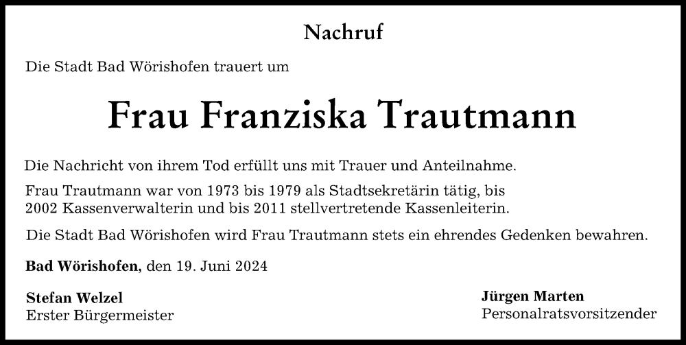 Traueranzeige von Franziska Trautmann von Mindelheimer Zeitung